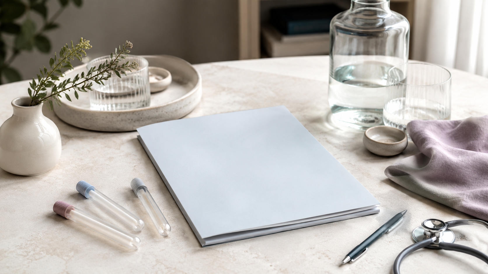 Elegant unbranded laboratory and wellness materials arranged in natural light